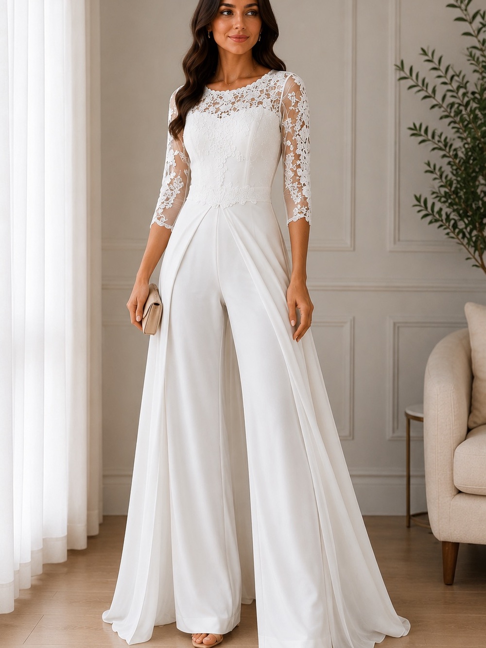 White Lace Formal Palazzo White Maxi Dress, Bodice Jumpsuit, Medium (NWOT)